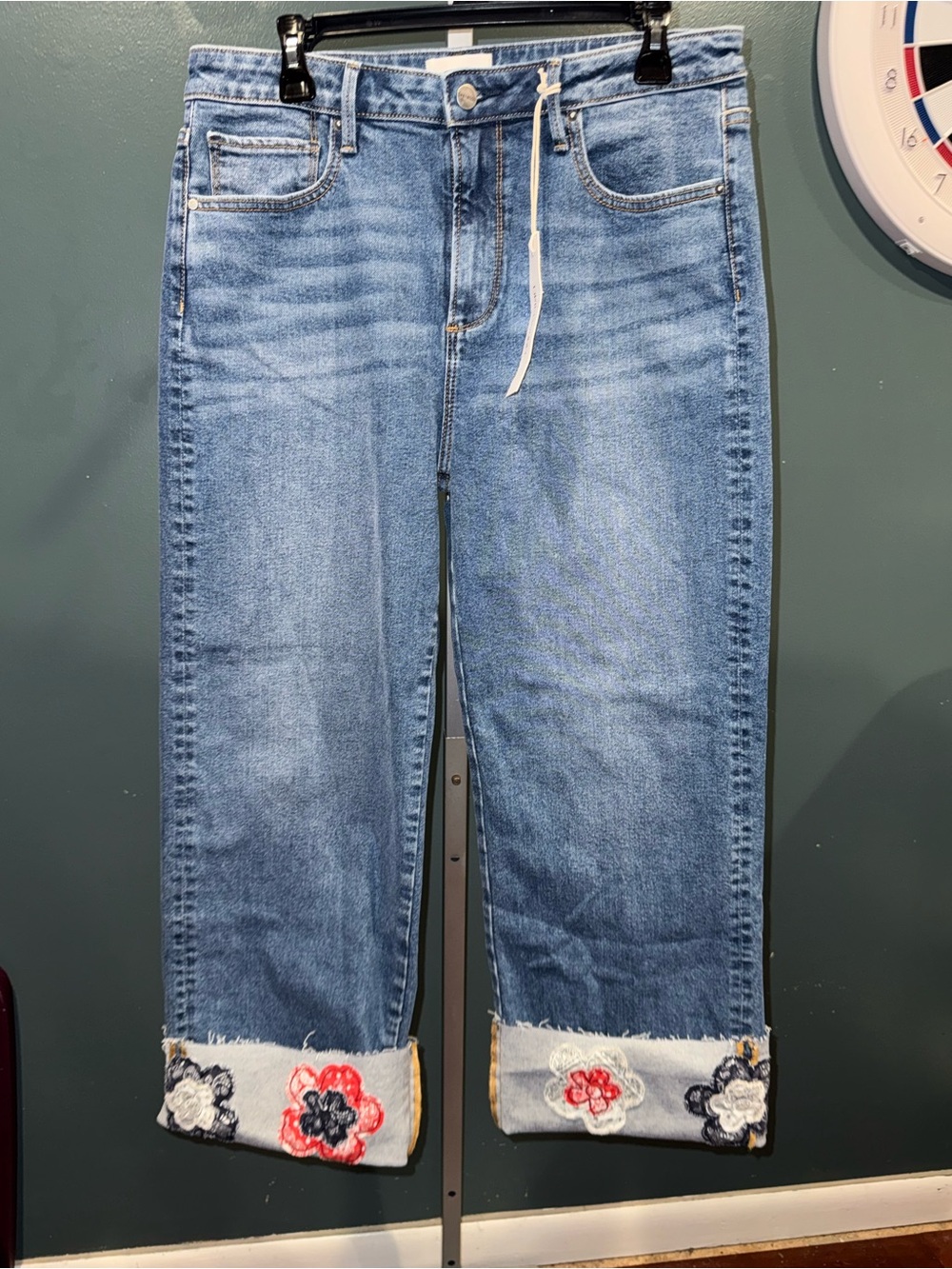 DRIFTWOOD Light Blue Cropped Embroidered Cuff Jeans